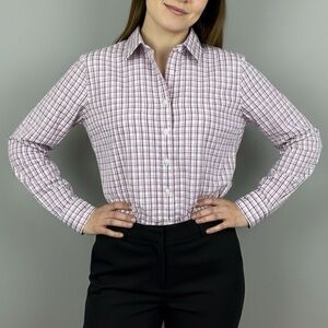 Lands' End 100% Cotton No Iron Pinpoint Oxford Shirt Purple White Plaid Size 12